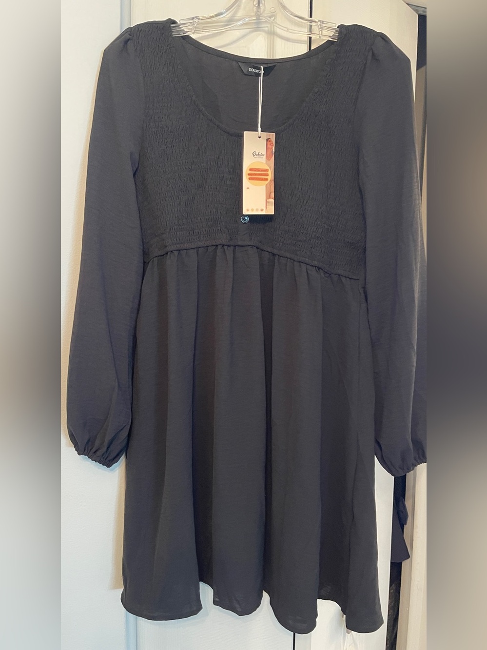 Long Sleeve Black Midi Dress with Smocked Bodice
